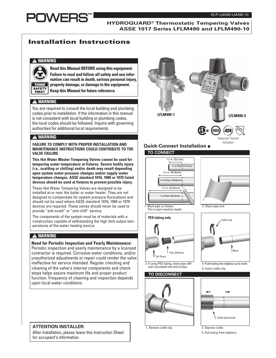 Powers LM490/LM490-10 Series Thermostatic Tempering Valves for Hot Water Heater & Multiple Lavatory Installations User Manual | 2 pages