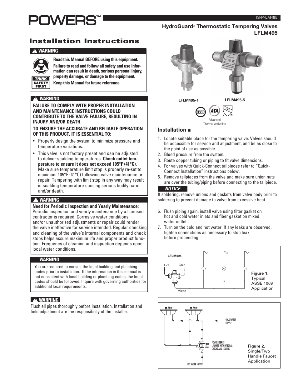 Powers LM495 Series Thermostatic Tempering Valves for Individual Lavatory Installations User Manual | 2 pages