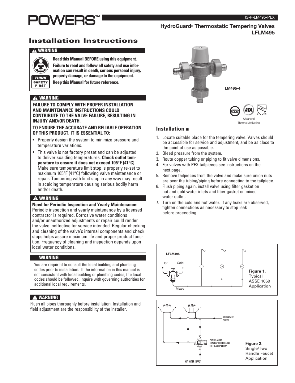 Powers LM495 Series Thermostatic Tempering Valves for Individual Lavatory Installations - PEX User Manual | 4 pages