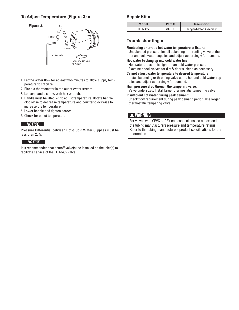 Warning, Repair kit, Troubleshooting | Powers LM495 Series Thermostatic Tempering Valves for Individual Lavatory Installations - PEX User Manual | Page 3 / 4