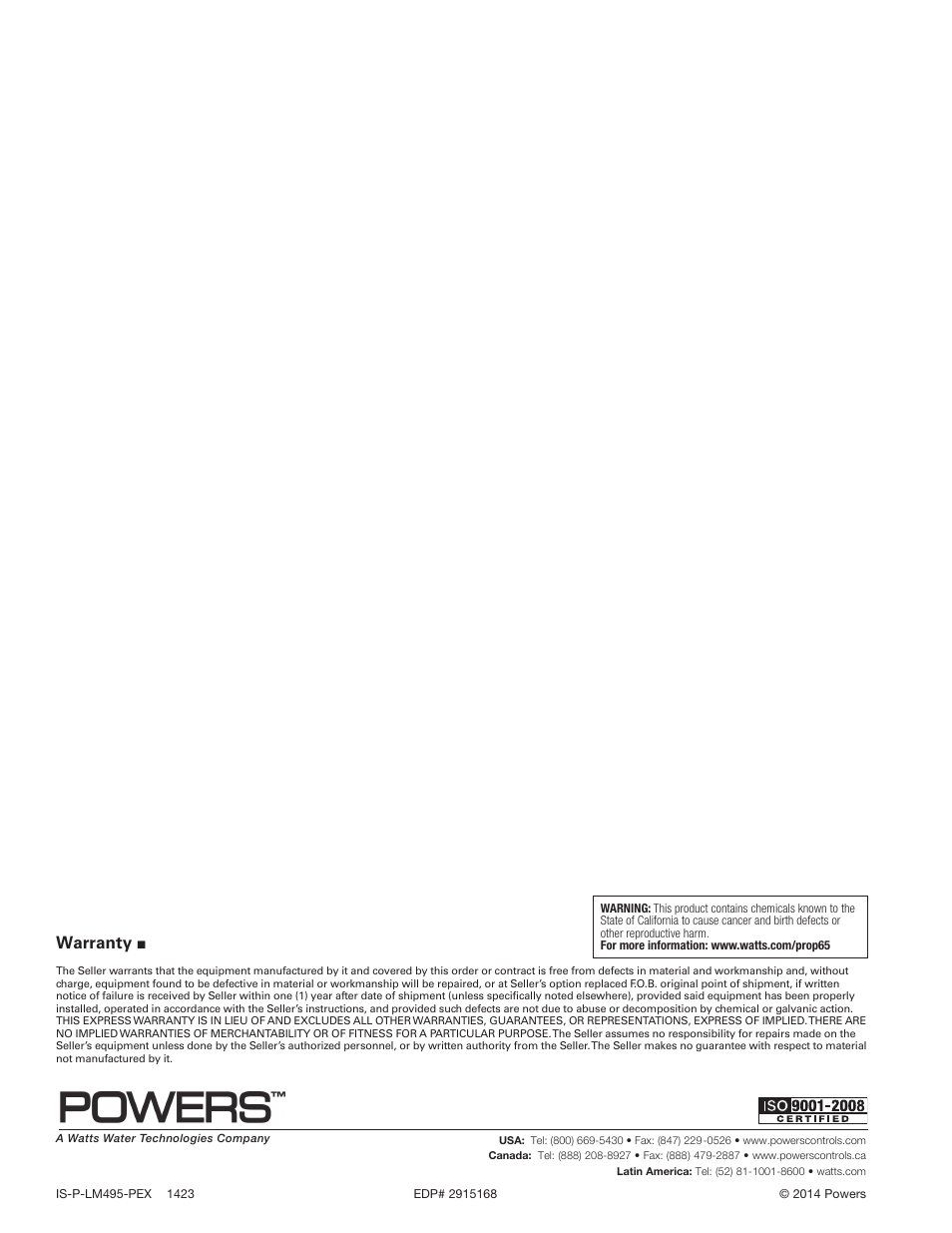 Warranty | Powers LM495 Series Thermostatic Tempering Valves for Individual Lavatory Installations - PEX User Manual | Page 4 / 4