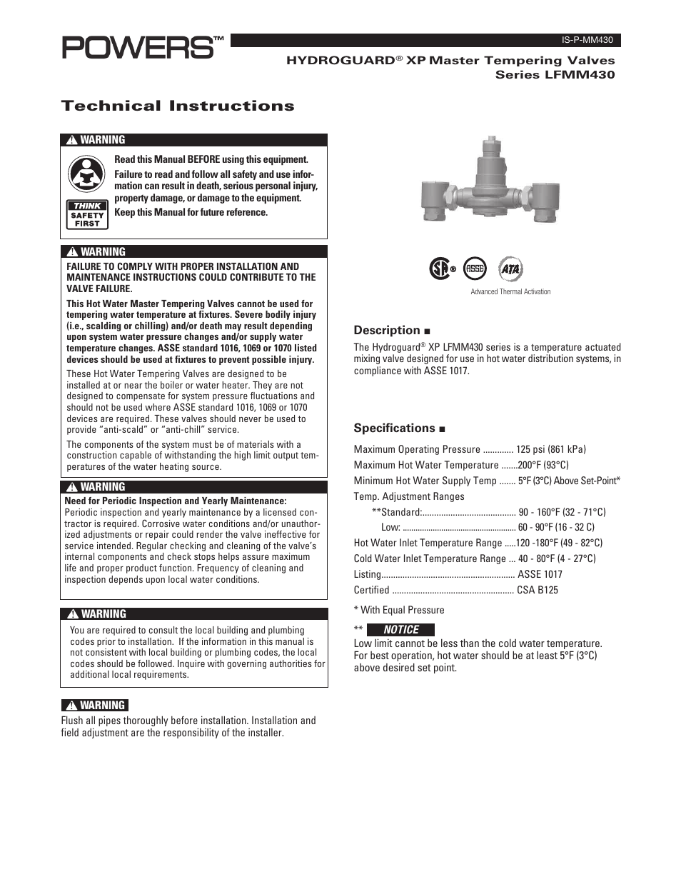 Powers MM430 Master Tempering Valves User Manual | 4 pages