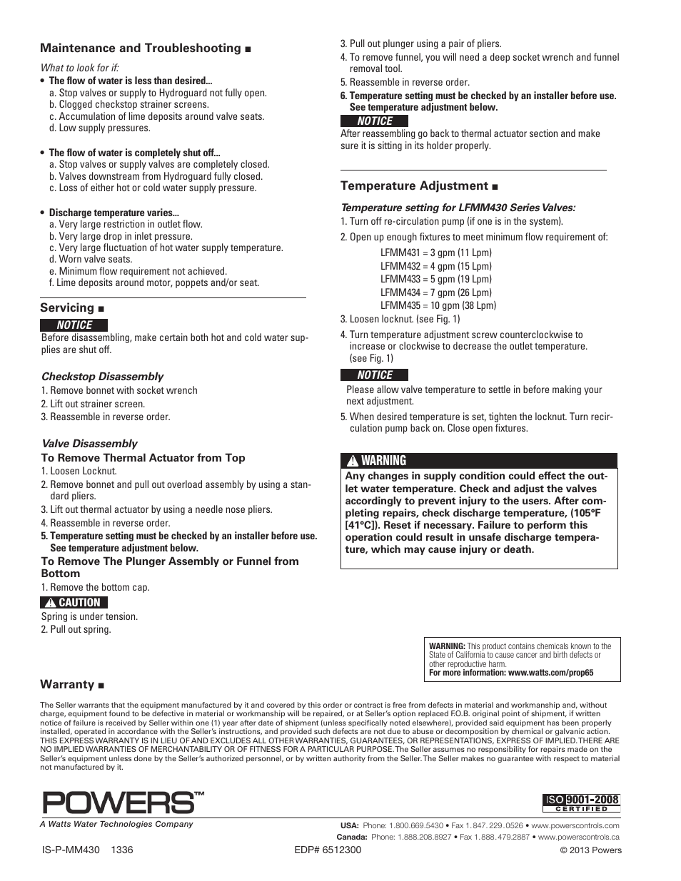 Warning | Powers MM430 Master Tempering Valves User Manual | Page 4 / 4