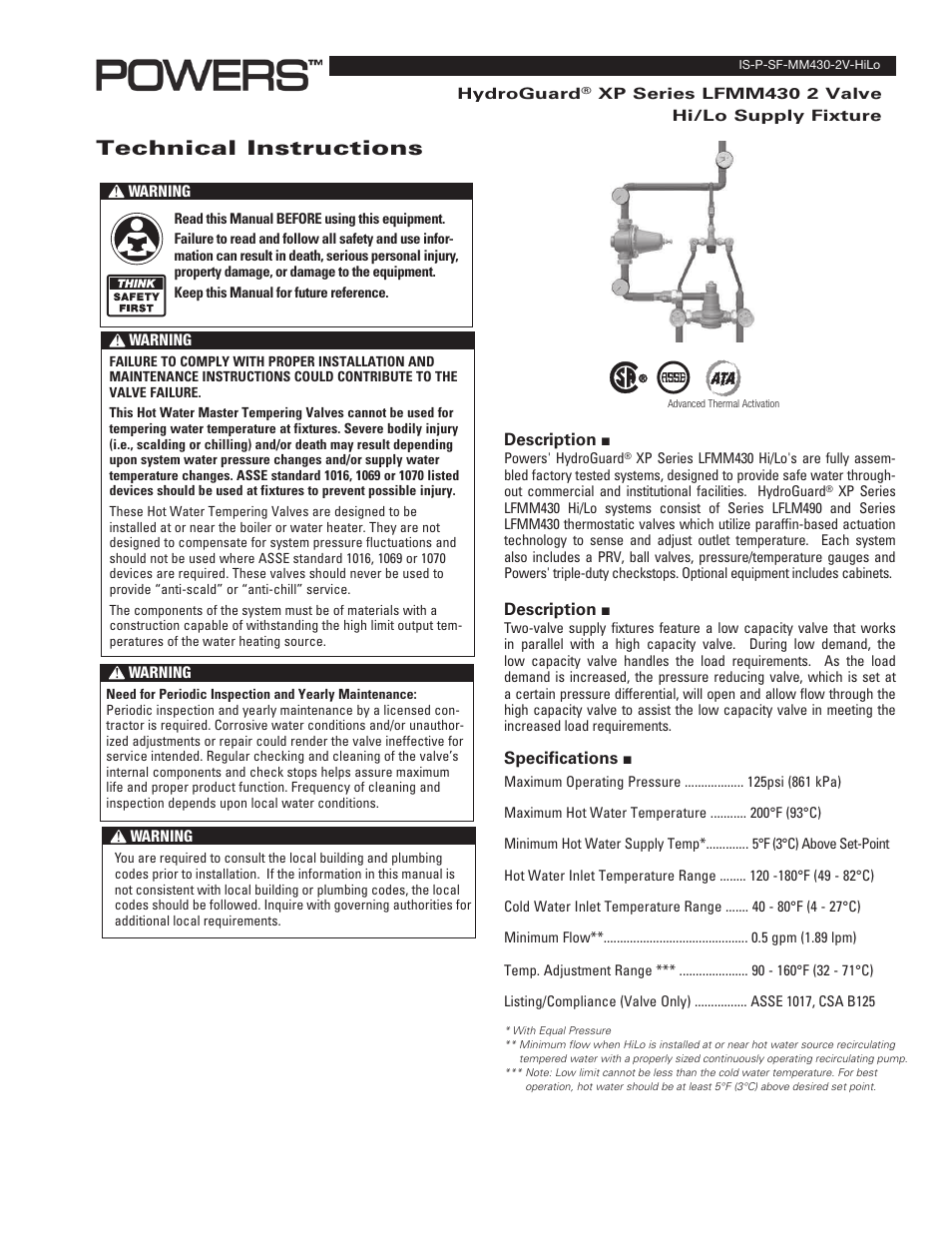 Powers MM430 2 Valve HiLo User Manual | 4 pages