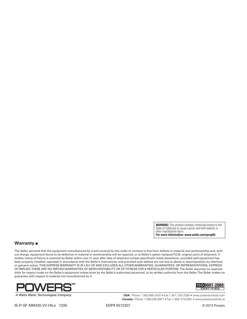Warranty | Powers MM430 2 Valve HiLo User Manual | Page 4 / 4