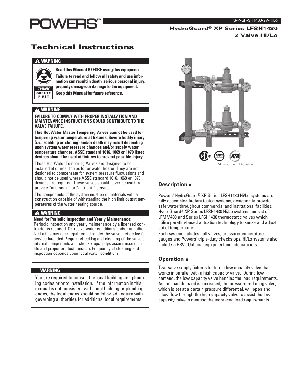 Powers SH1430 2 Valve HiLo & DV User Manual | 4 pages