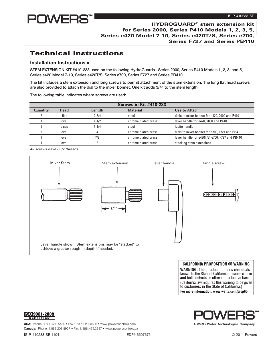 Powers PB410 Series Pressure Balancing Mixing Valves - Stem Extension Kit User Manual | 1 page