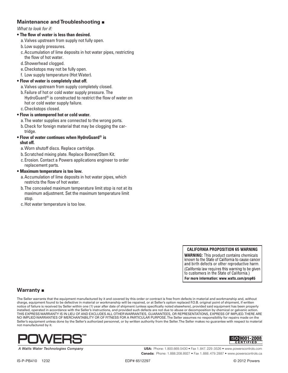 Warranty, Maintenance and troubleshooting | Powers PB410 Series Pressure Balancing Mixing Valves - Pressure Balancing Mixing Valve User Manual | Page 4 / 4