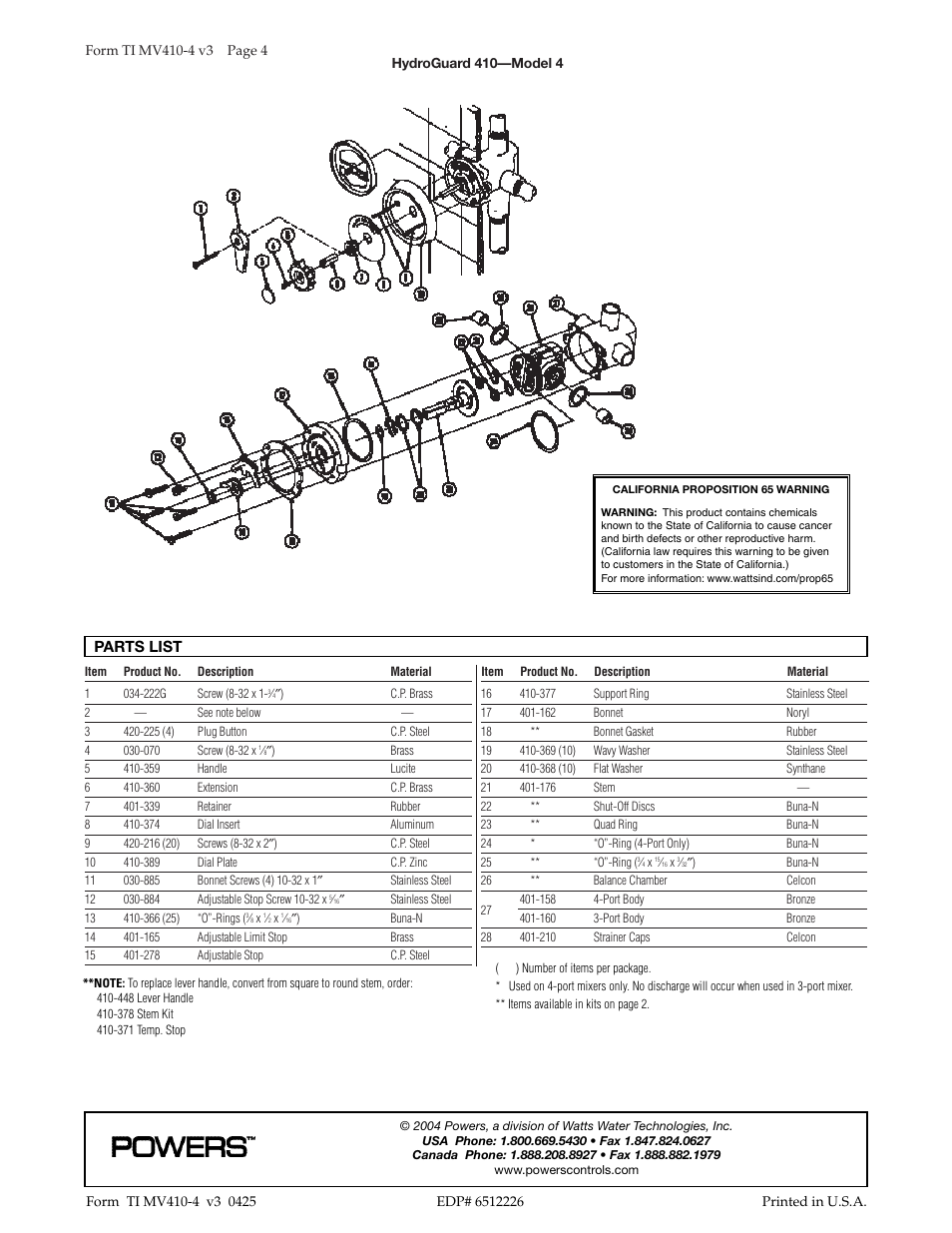 Parts list | Powers 410 Series Balancing Valves User Manual | Page 4 / 4