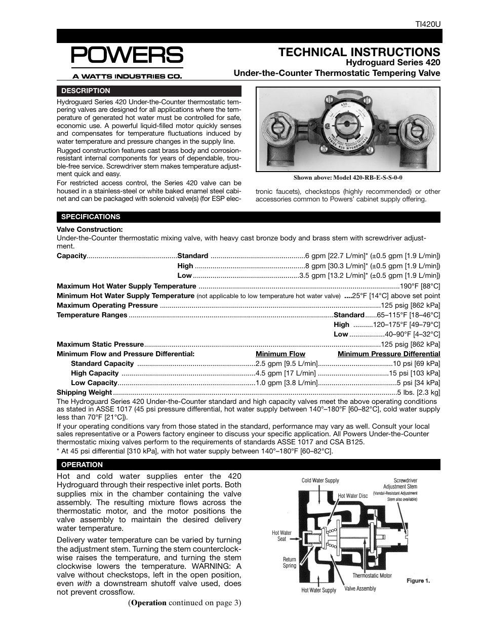 Powers 420U Series Under-the-Counter Thermostatic Tempering Valves User Manual | 8 pages