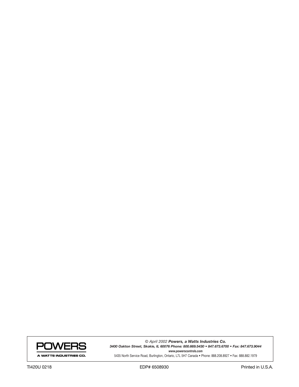 Powers 420U Series Under-the-Counter Thermostatic Tempering Valves User Manual | Page 8 / 8