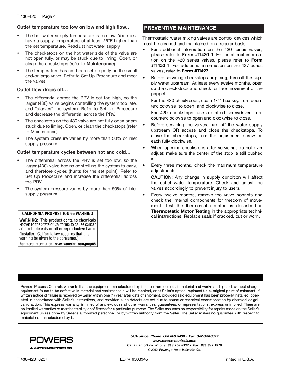 Powers 430/1430 Series HydroGuard Multi-Valve Hi/Lo Systems User Manual | Page 4 / 4