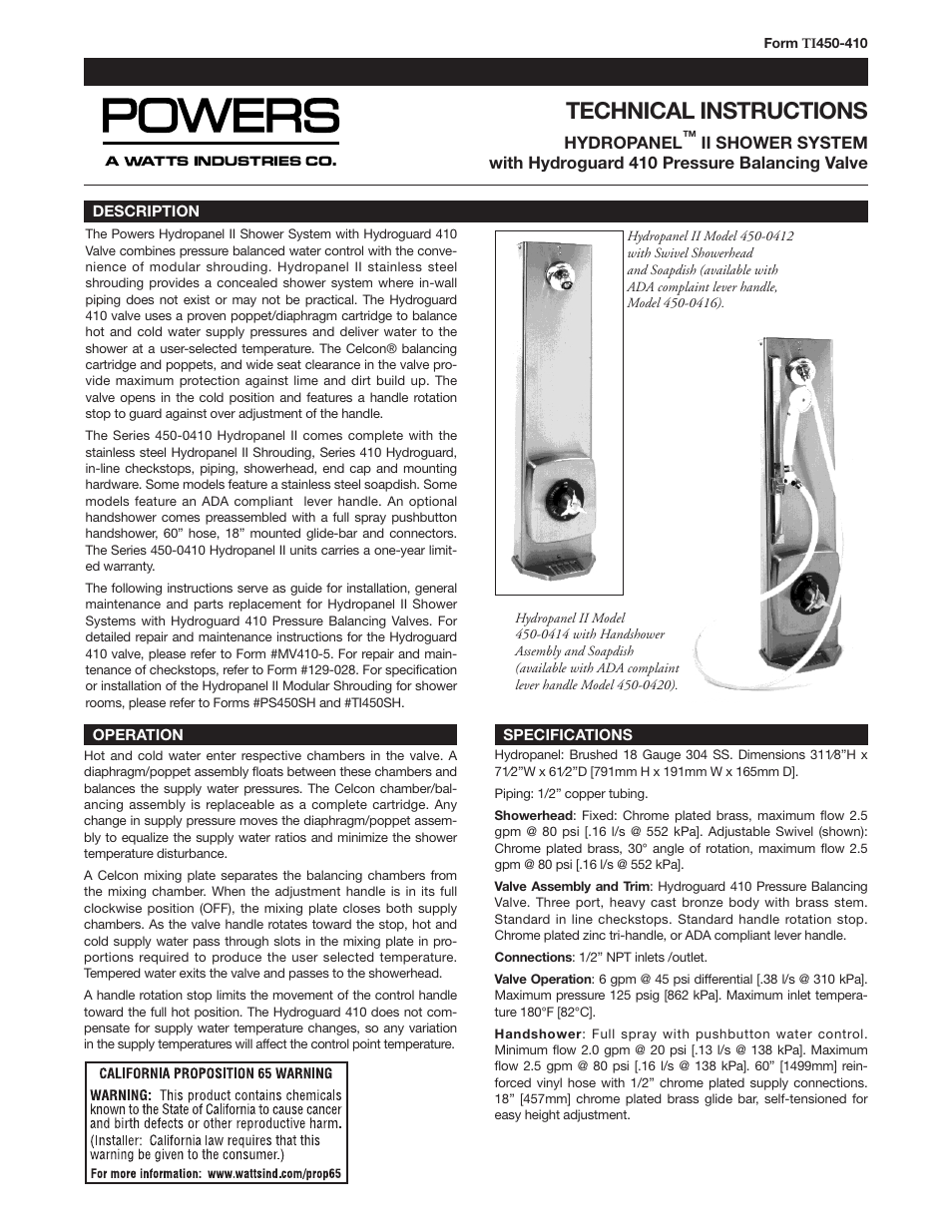 Powers 450-410 HydroPanel II Shower System User Manual | 4 pages