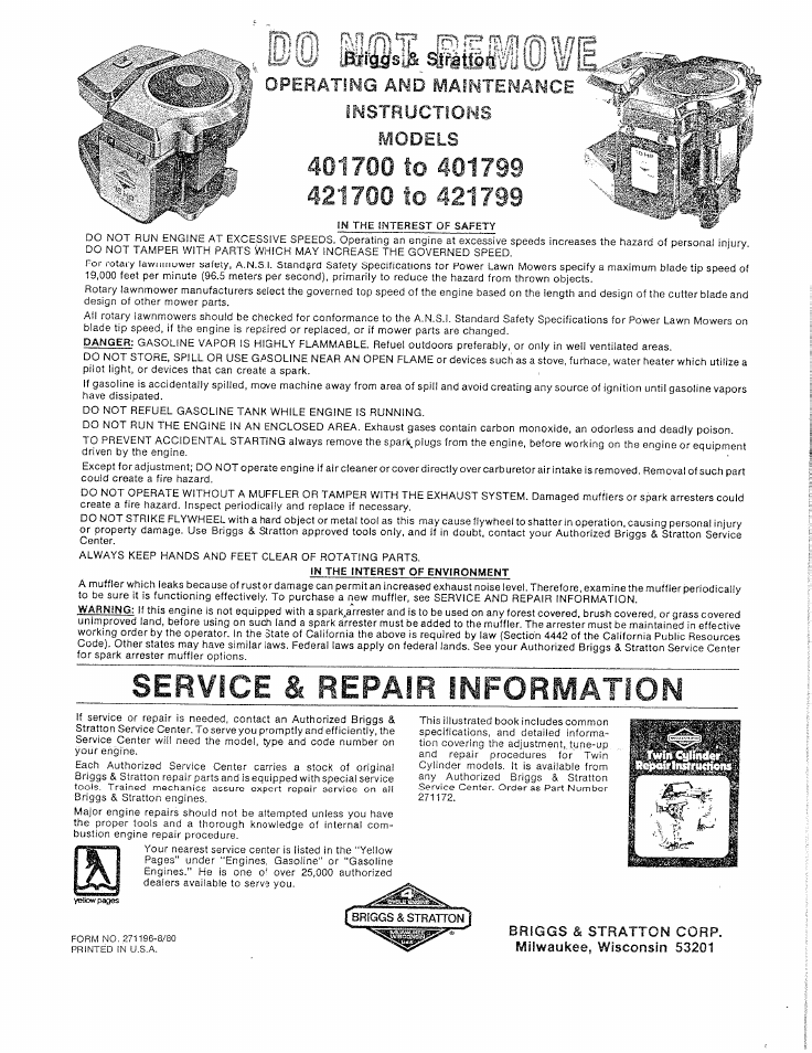 Briggs & Stratton 421799 User Manual | 8 pages