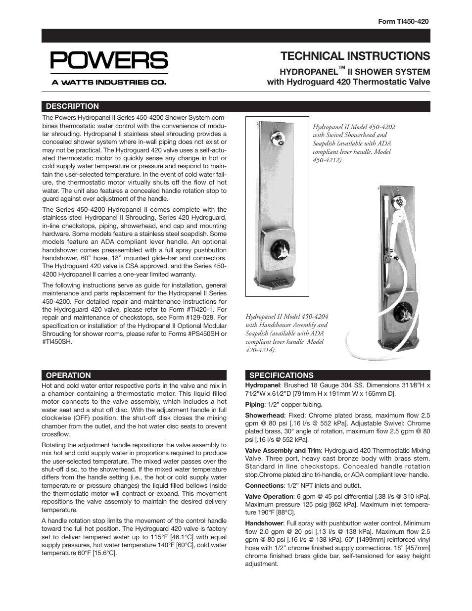 Powers 450-e420 HydroPanel II Shower System User Manual | 4 pages