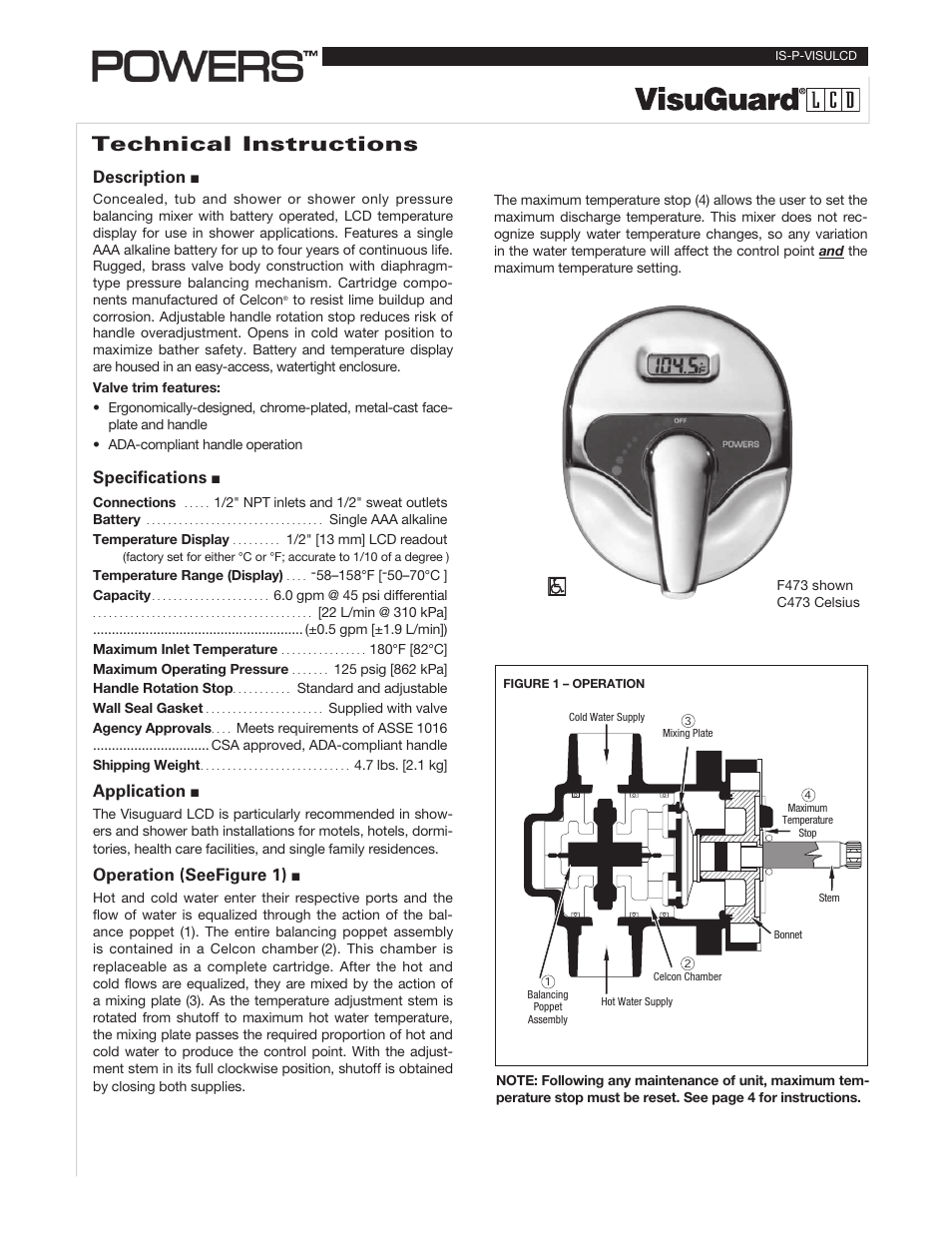Powers 470 Series VisuGuard Pressure-Balancing Tempering Valve with LCD Temperature Display User Manual | 8 pages