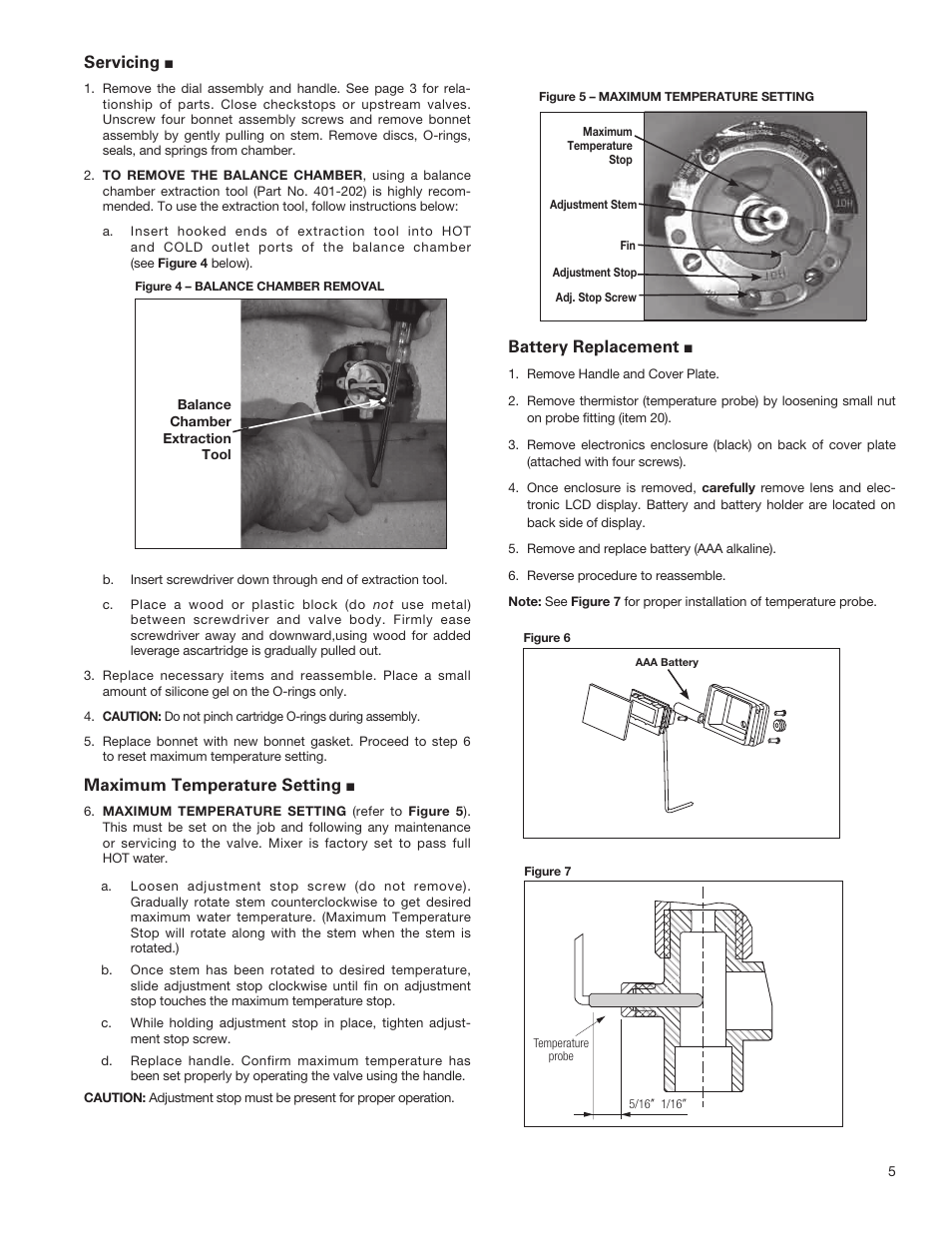 Battery replacement, Servicing, Maximum temperature setting | Powers 470 Series VisuGuard Pressure-Balancing Tempering Valve with LCD Temperature Display User Manual | Page 5 / 8