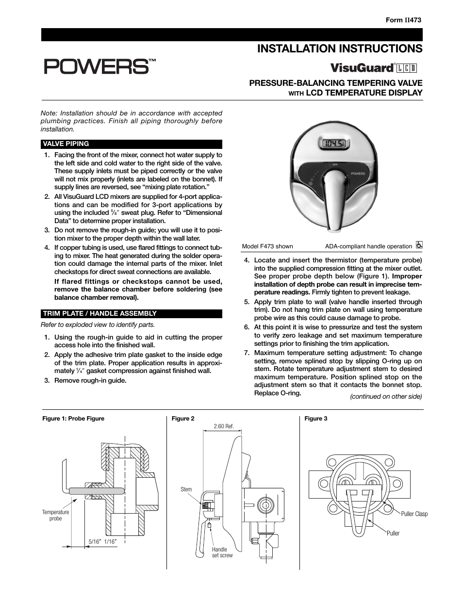 Powers 470 Series VisuGuard Pressure-Balancing Tempering Valve with LCD Temperature Display User Manual | 2 pages