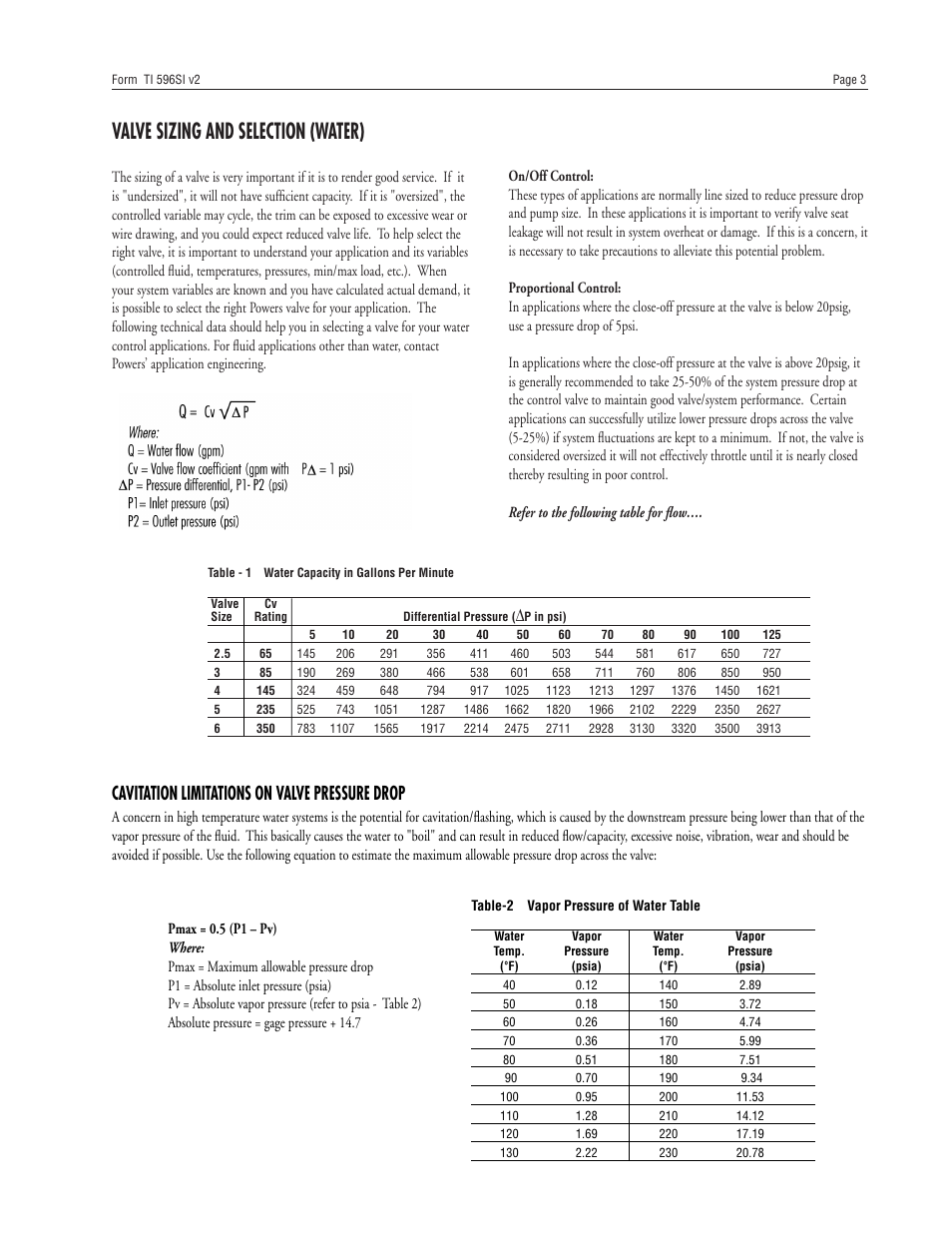 Valve sizing and selection (water), Cavitation limitations on valve pressure drop | Powers 596 SI Flowrite II Heavy Duty Control Valves User Manual | Page 3 / 8