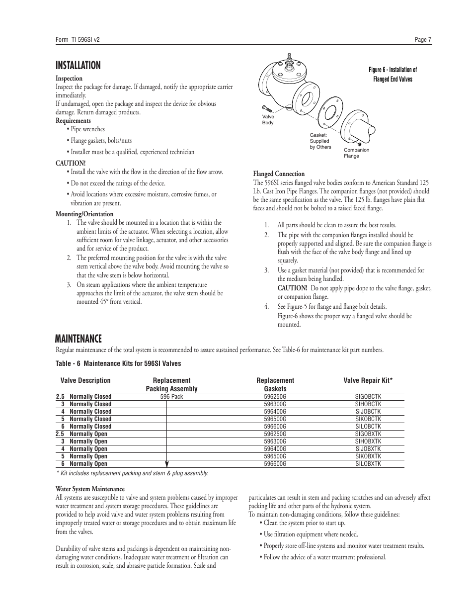 Installation, Maintenance | Powers 596 SI Flowrite II Heavy Duty Control Valves User Manual | Page 7 / 8