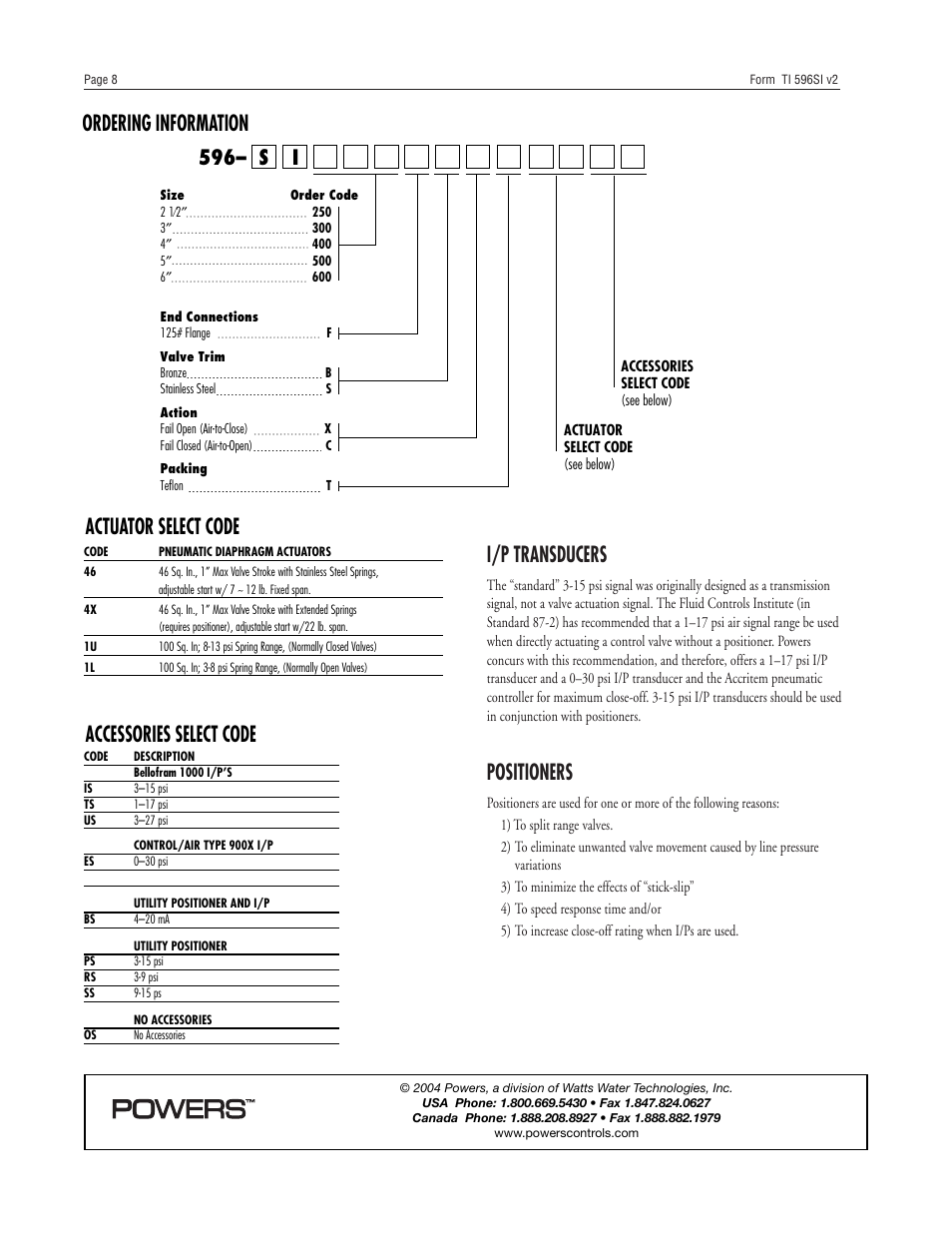 I/p transducers, Positioners, 596– s i | Powers 596 SI Flowrite II Heavy Duty Control Valves User Manual | Page 8 / 8
