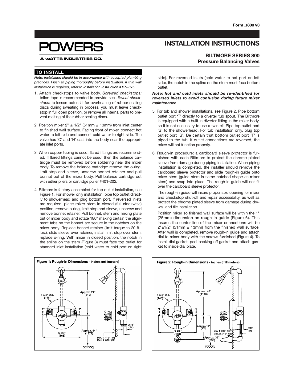 Powers 800 Series Biltmore Series Pressure Balancing Valves User Manual | 2 pages