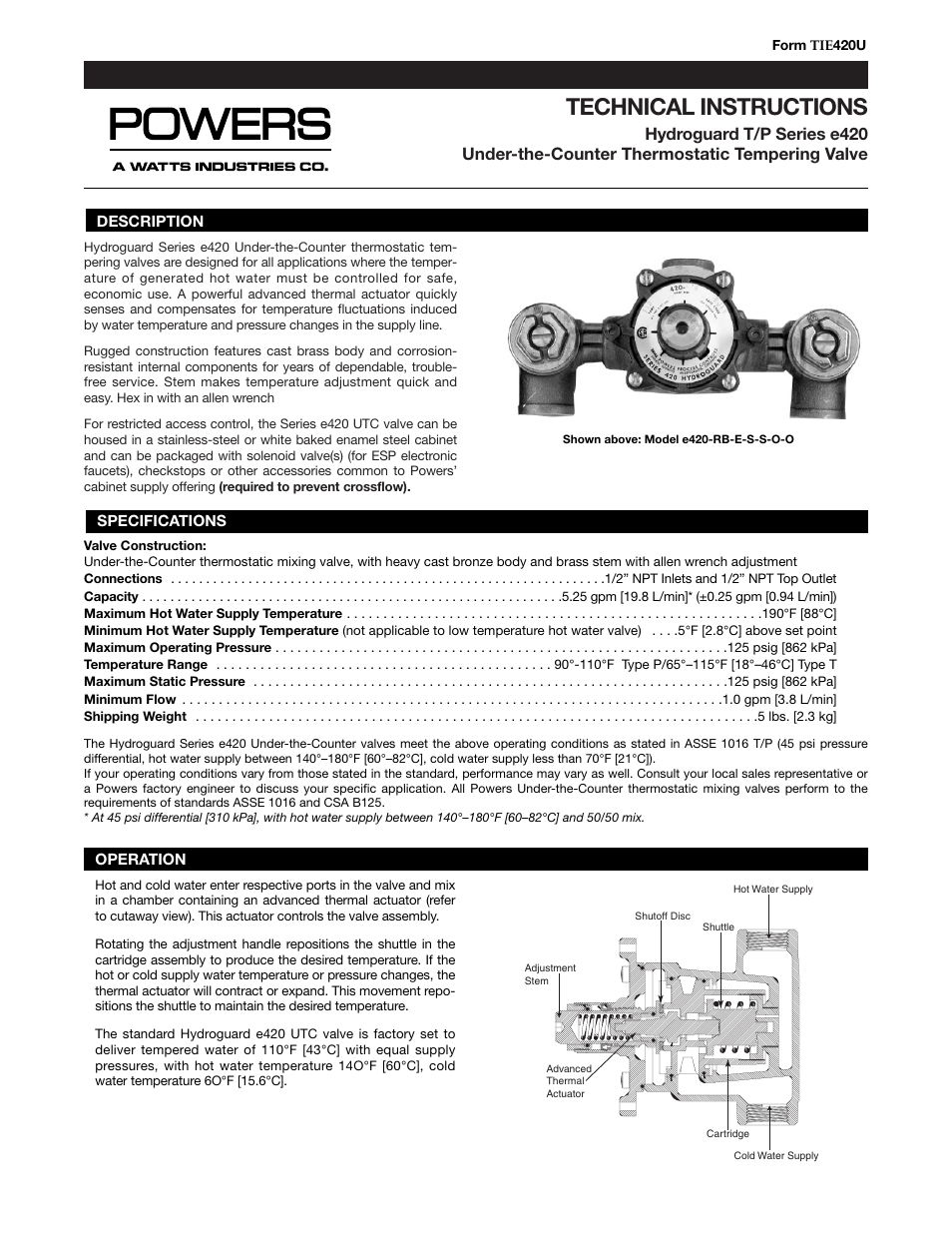 Powers e420U Series Under-the-Counter Thermostatic Tempering Valves User Manual | 4 pages