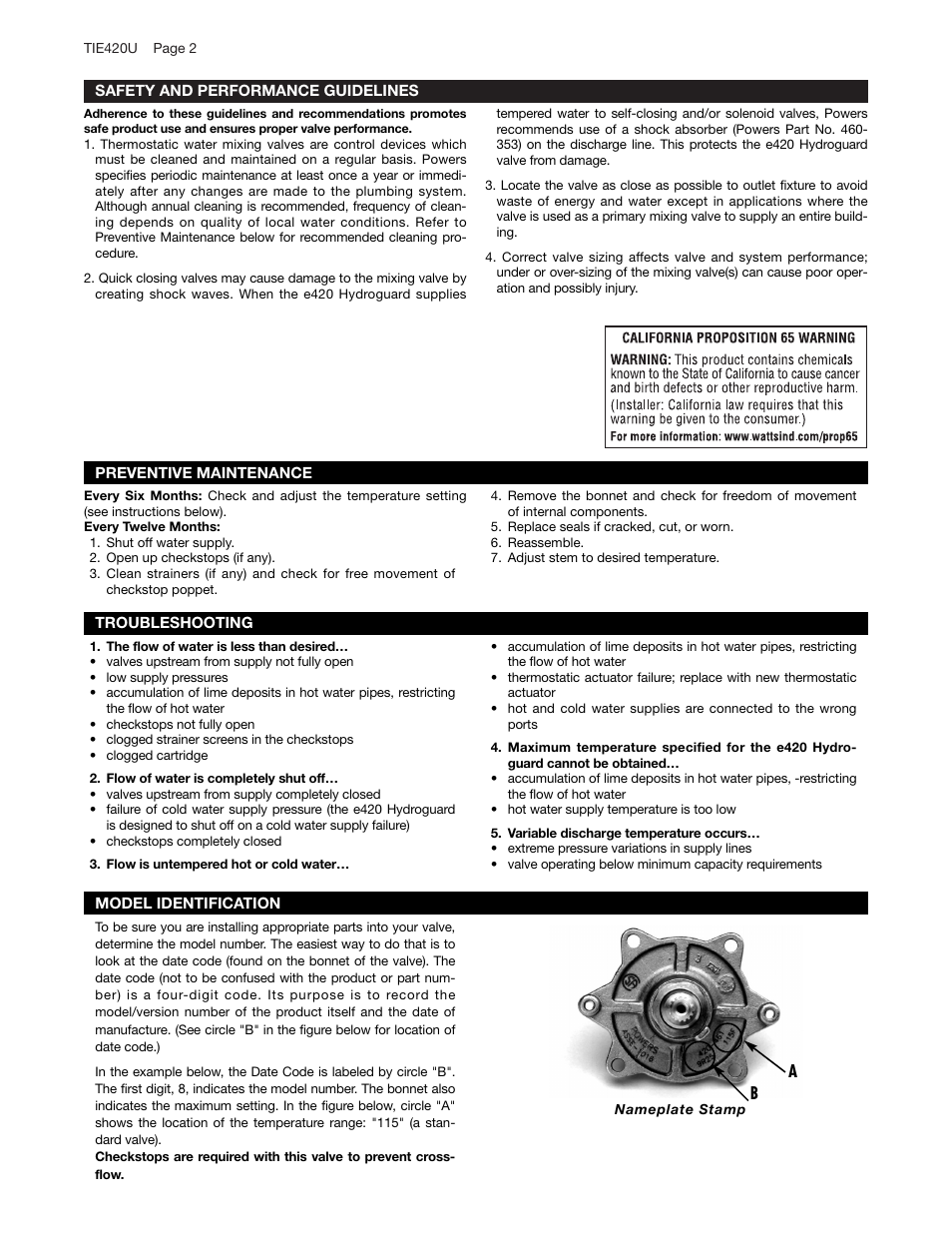 Powers e420U Series Under-the-Counter Thermostatic Tempering Valves User Manual | Page 2 / 4