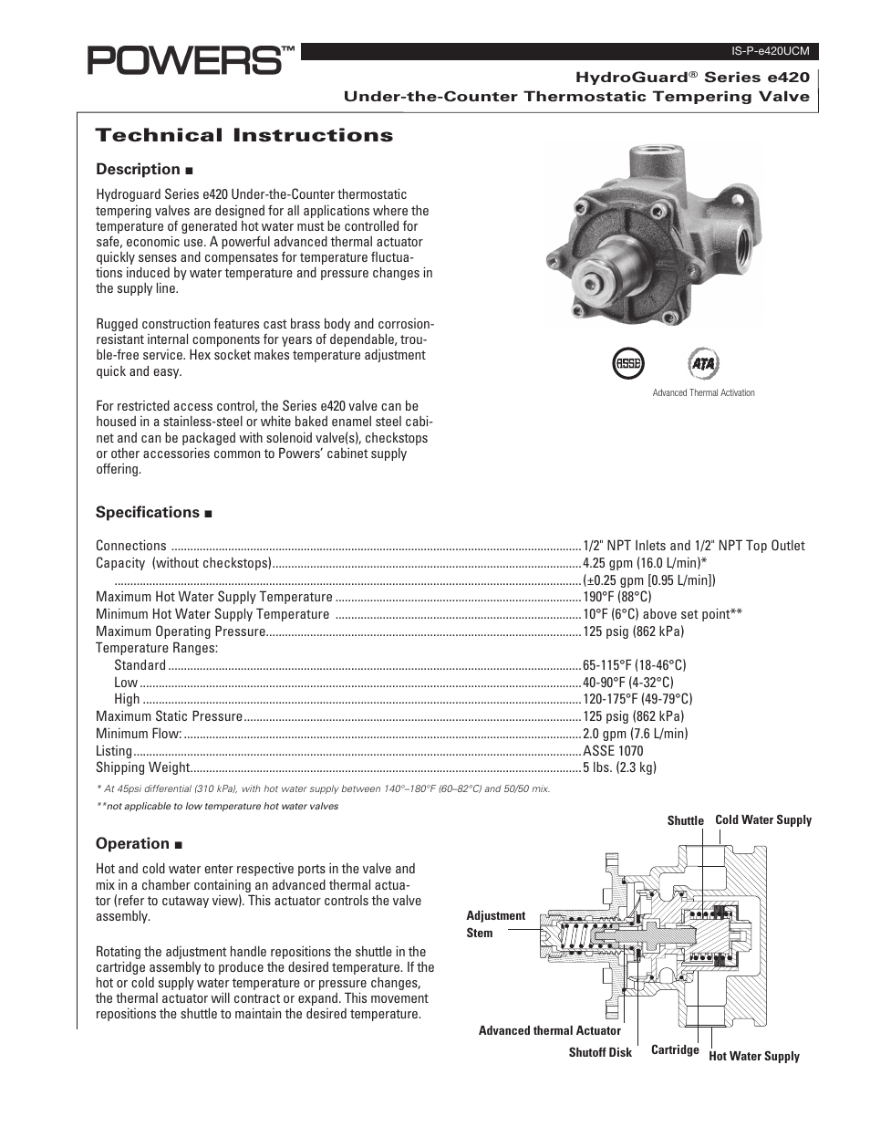 Powers e420UCM Series Under-the-Counter Thermostatic Tempering Valves User Manual | 4 pages