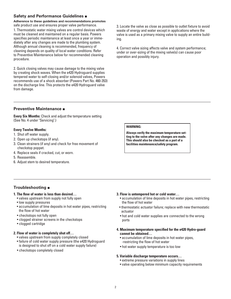 Powers e420UCM Series Under-the-Counter Thermostatic Tempering Valves User Manual | Page 2 / 4
