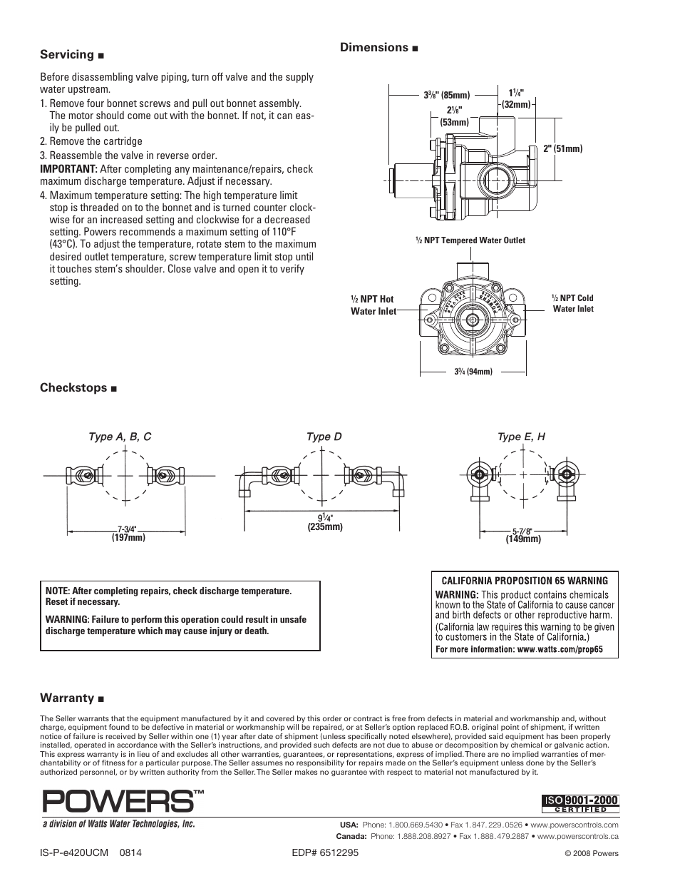 Servicing, Dimensions, Checkstops | Warranty | Powers e420UCM Series Under-the-Counter Thermostatic Tempering Valves User Manual | Page 4 / 4