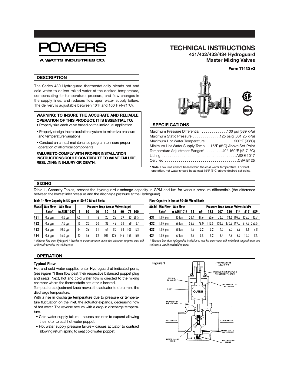 Powers e430 Series Master Mixing Valves User Manual | 4 pages