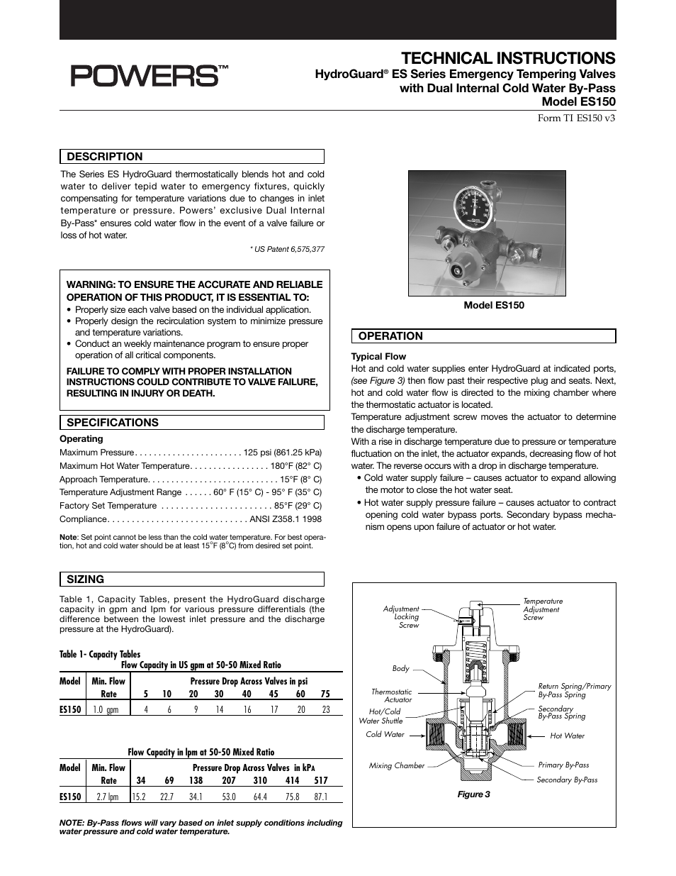 Powers ES150 Emergency Tempering Valves with Dual Internal Cold Water By-Pass User Manual | 4 pages