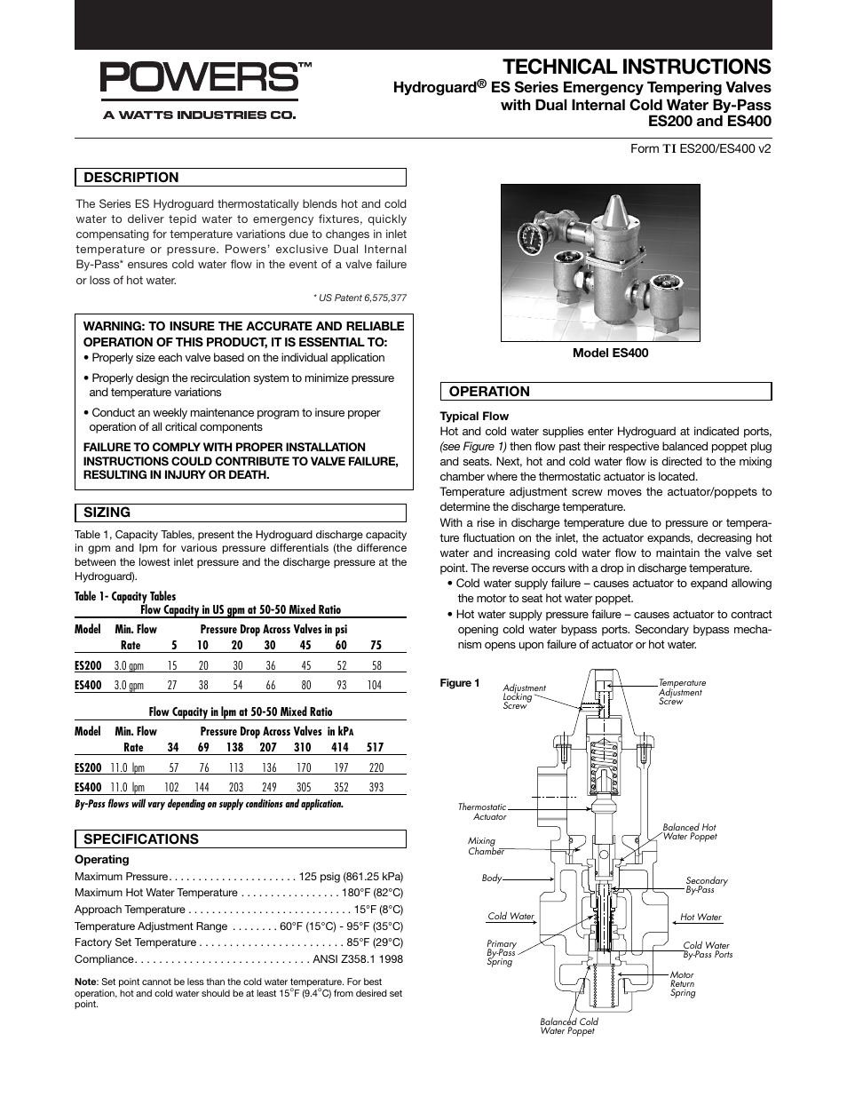 Powers ES200/400 Emergency Tempering Valves User Manual | 4 pages