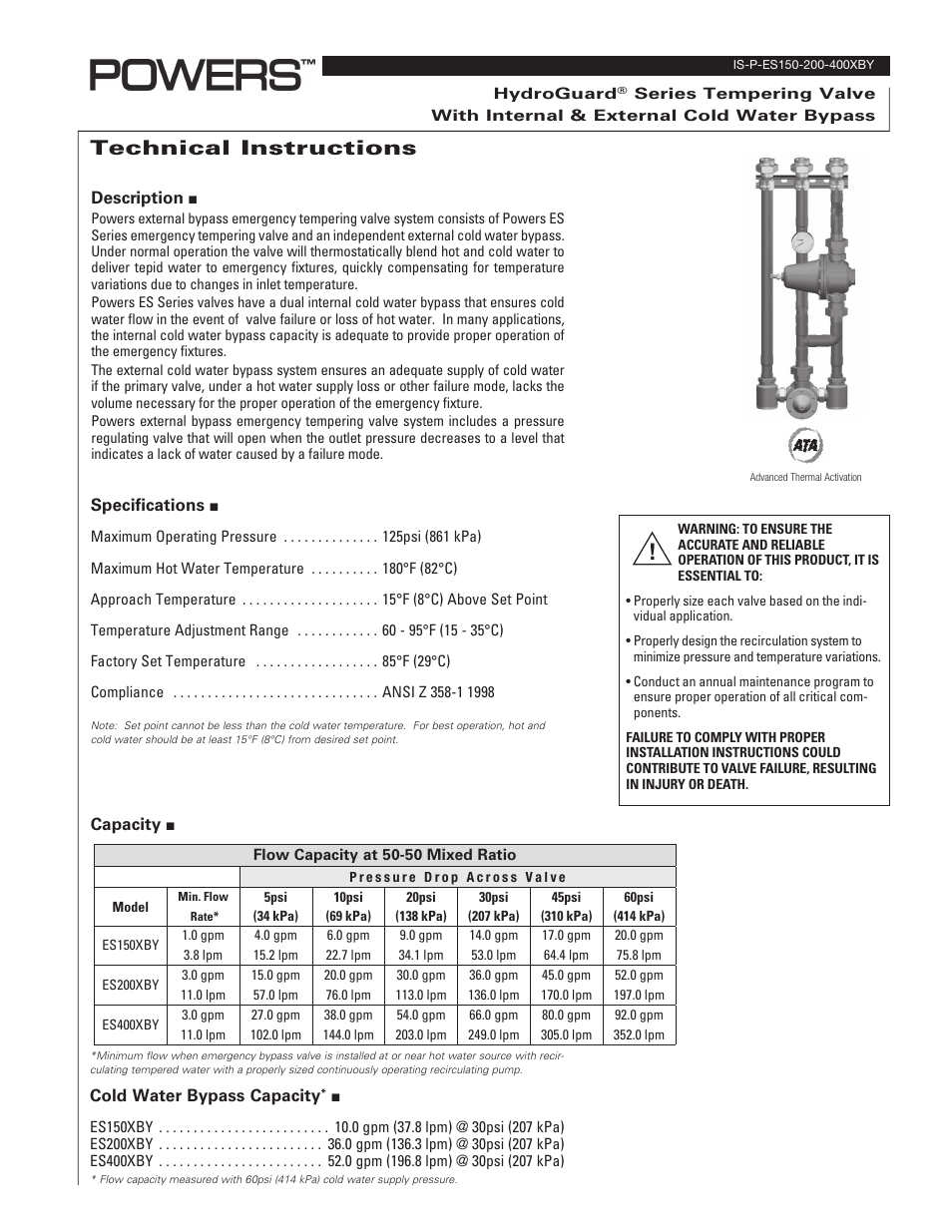 Powers ES400XBY Tempering Valves with Internal & External Cold Water Bypass User Manual | 2 pages