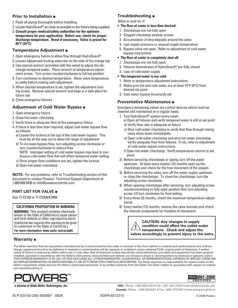 Prior to installation, Temperature adjustment, Adjustment of cold water bypass | Troubleshooting, Preventative maintenance, Warranty | Powers ES400XBY Tempering Valves with Internal & External Cold Water Bypass User Manual | Page 2 / 2