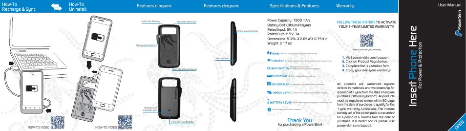 PowerSkin HTC One X, X+ and XL (BC01HCNCT02-001BK) User Manual | 2 pages