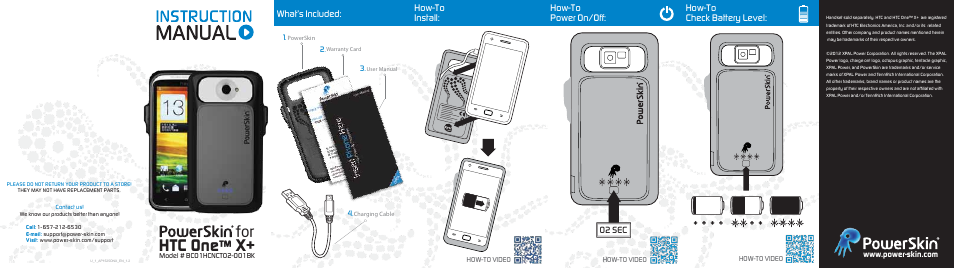 Htc one, What’s included, How-to install | How-to power on/off, How-to check battery level | PowerSkin HTC One X, X+ and XL (BC01HCNCT02-001BK) User Manual | Page 2 / 2