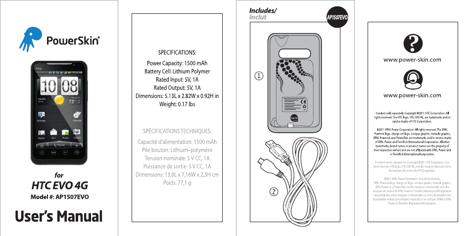 PowerSkin HTC Evo 4G (AP1507EVO) User Manual | 2 pages