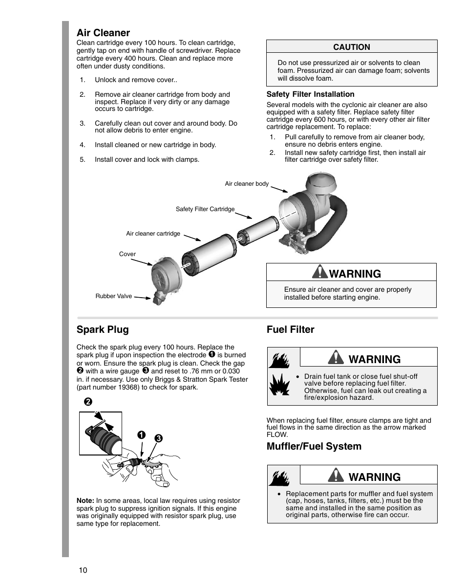 К м л, Warning, Air cleaner | Spark plug, Fuel filter, Muffler/fuel system | Briggs & Stratton 54000 User Manual | Page 10 / 20