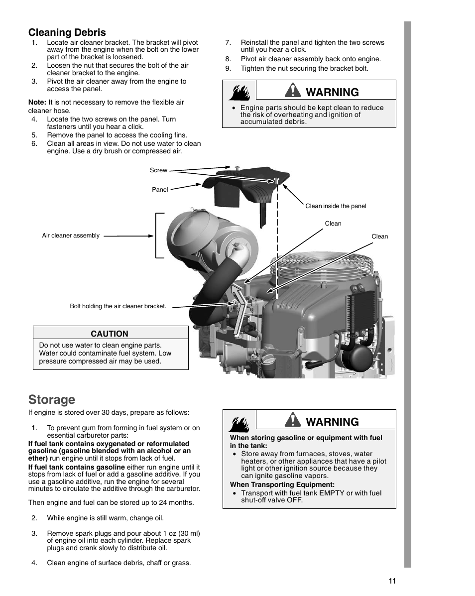 Storage, Warning, Cleaning debris | Briggs & Stratton 54000 User Manual | Page 11 / 20