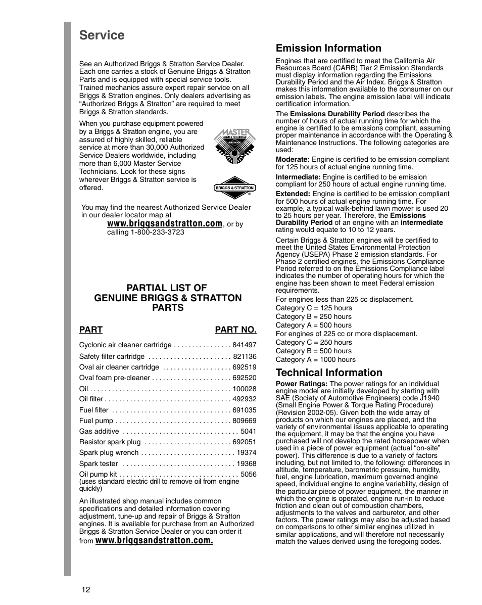 Service, Emission information, Technical information | Partial list of genuine briggs & stratton parts | Briggs & Stratton 54000 User Manual | Page 12 / 20