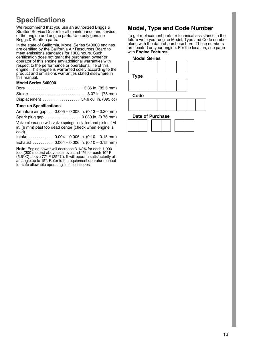 Specifications, Model, type and code number | Briggs & Stratton 54000 User Manual | Page 13 / 20