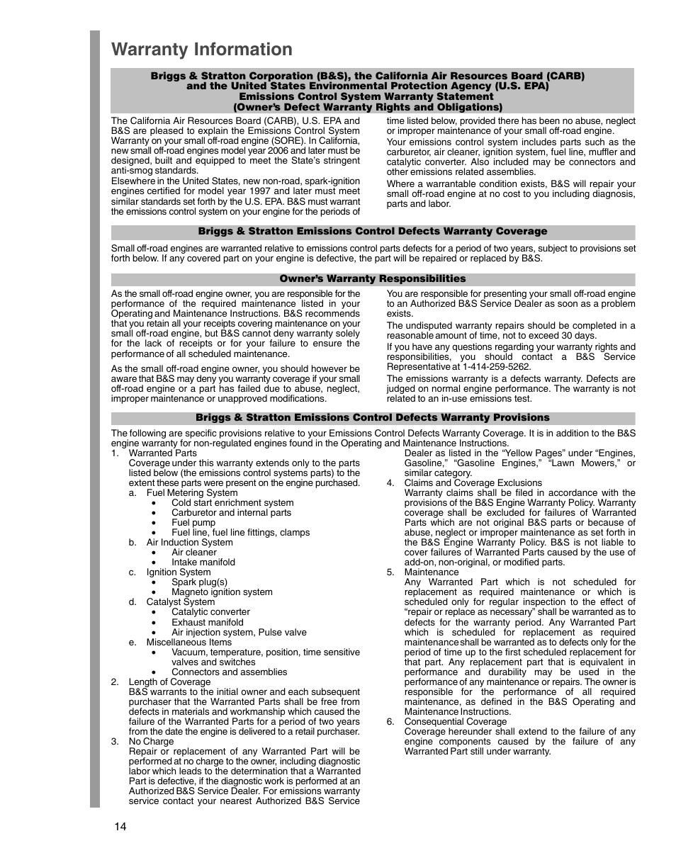 Warranty information | Briggs & Stratton 54000 User Manual | Page 14 / 20