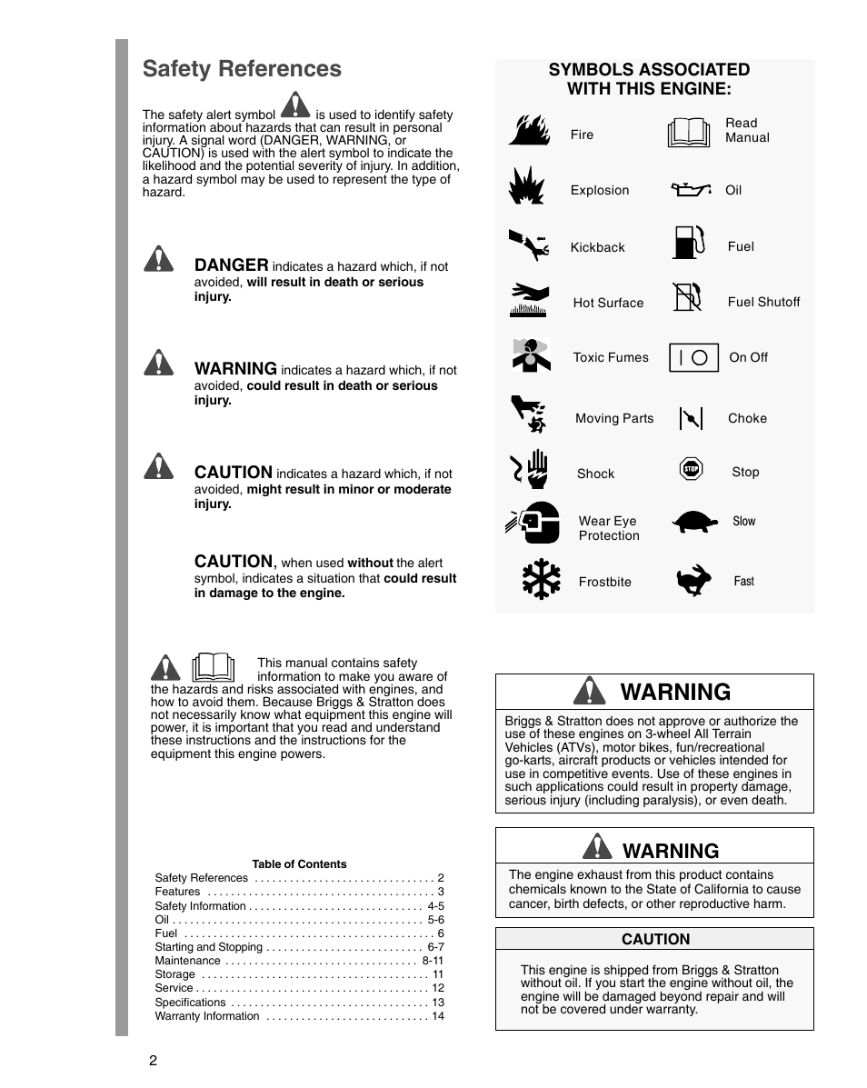 Safety references, Danger, Warning | Caution, Symbols associated with this engine | Briggs & Stratton 54000 User Manual | Page 2 / 20