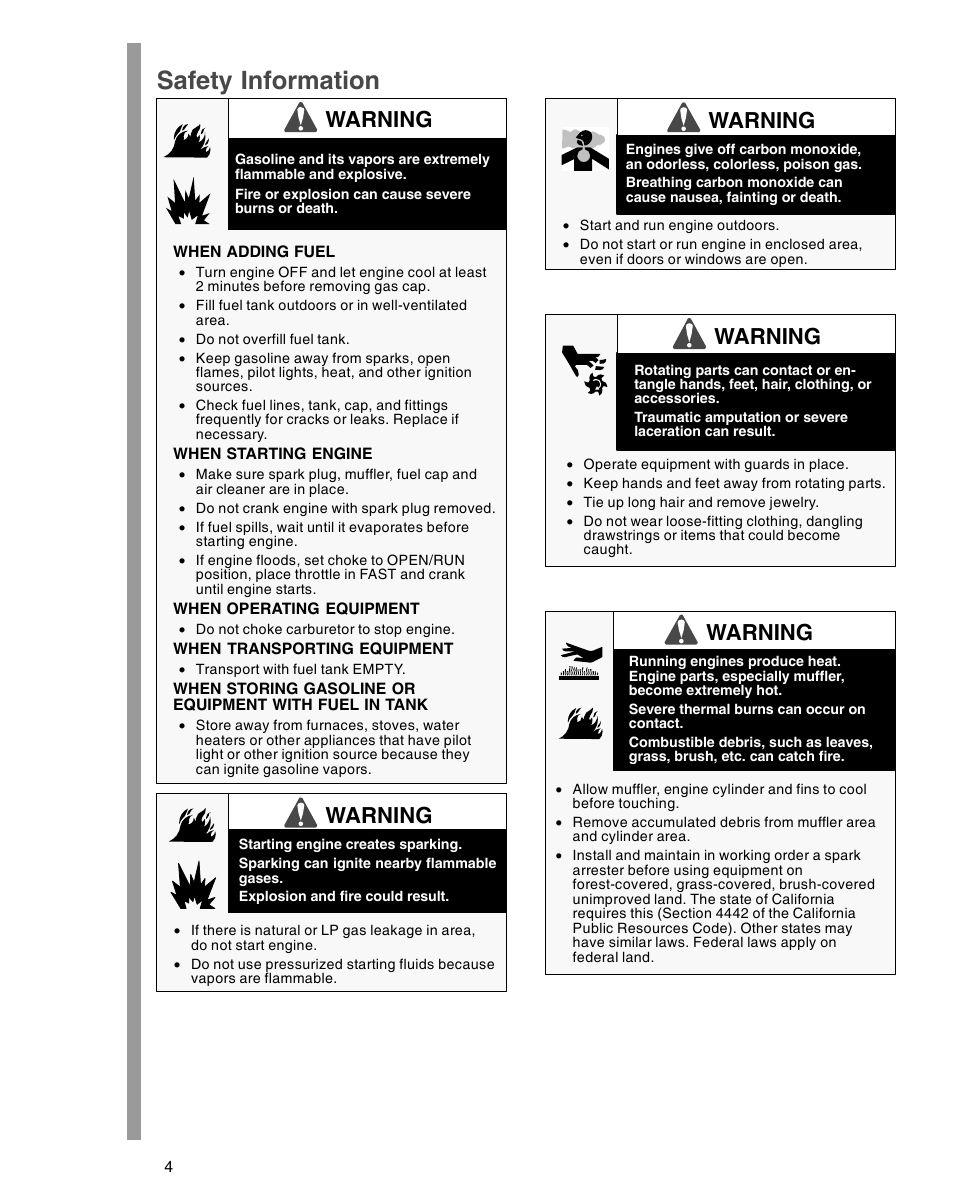 Safety information, Warning | Briggs & Stratton 54000 User Manual | Page 4 / 20