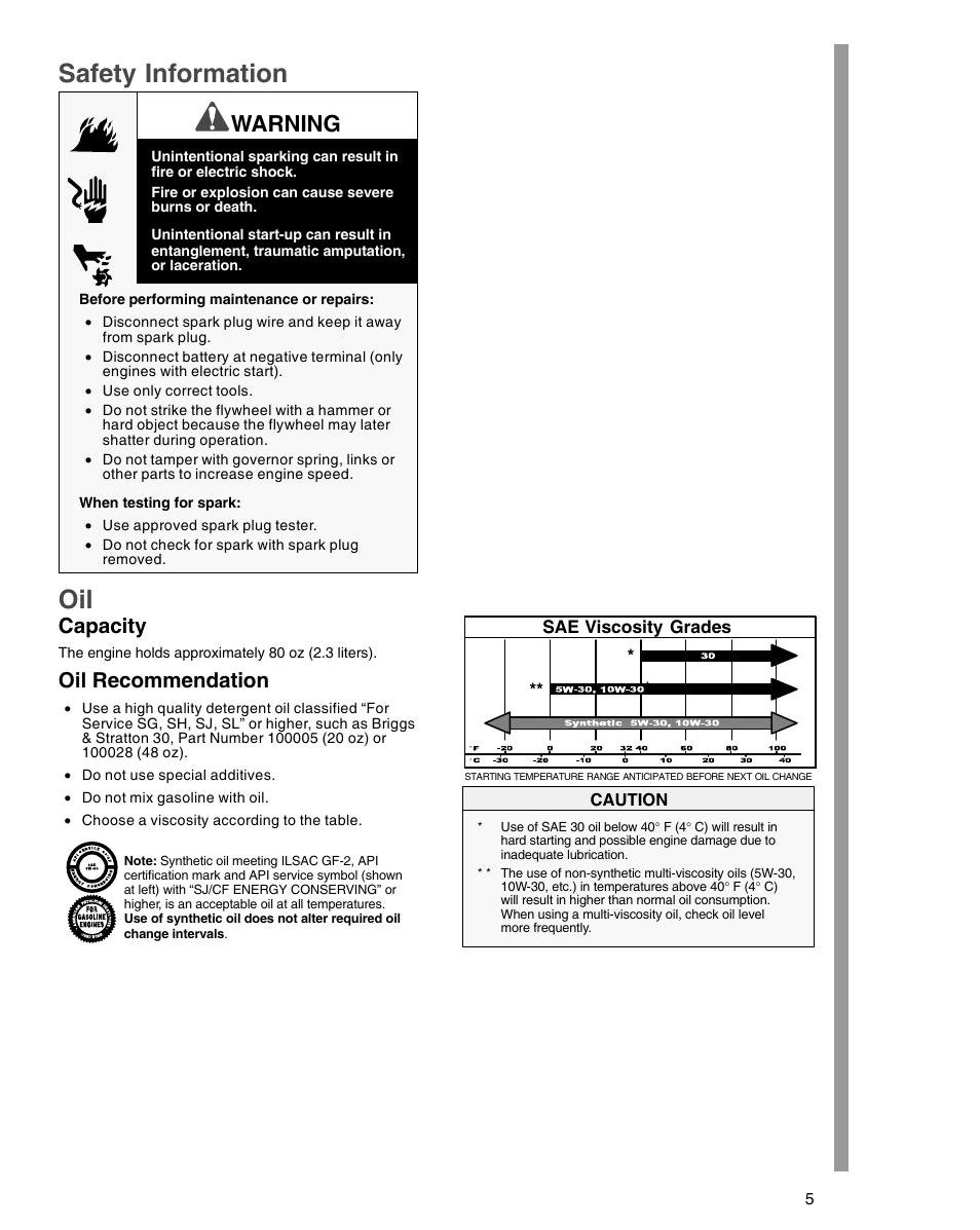 Safety information, Warning, Capacity | Oil recommendation | Briggs & Stratton 54000 User Manual | Page 5 / 20