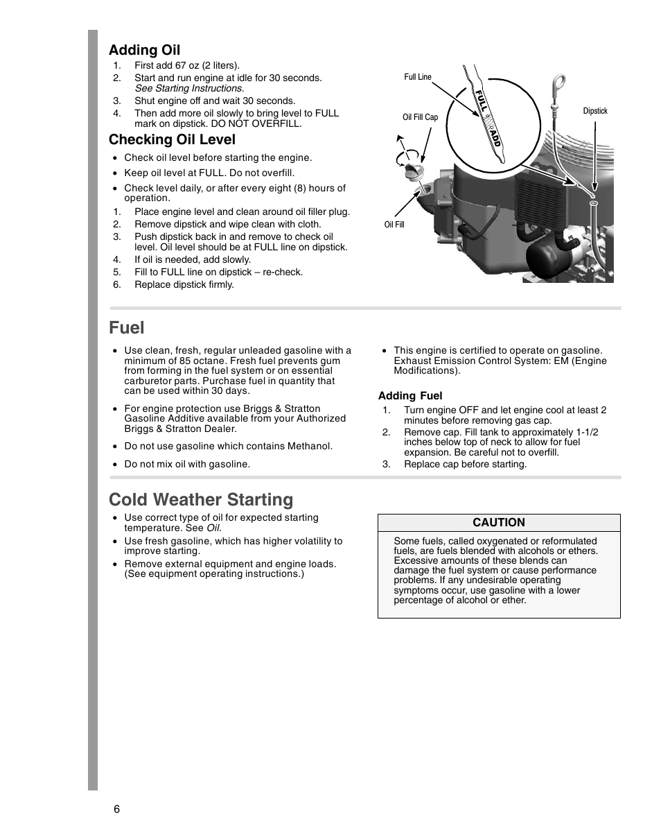 Fuel, Cold weather starting, Adding oil | Checking oil level | Briggs & Stratton 54000 User Manual | Page 6 / 20