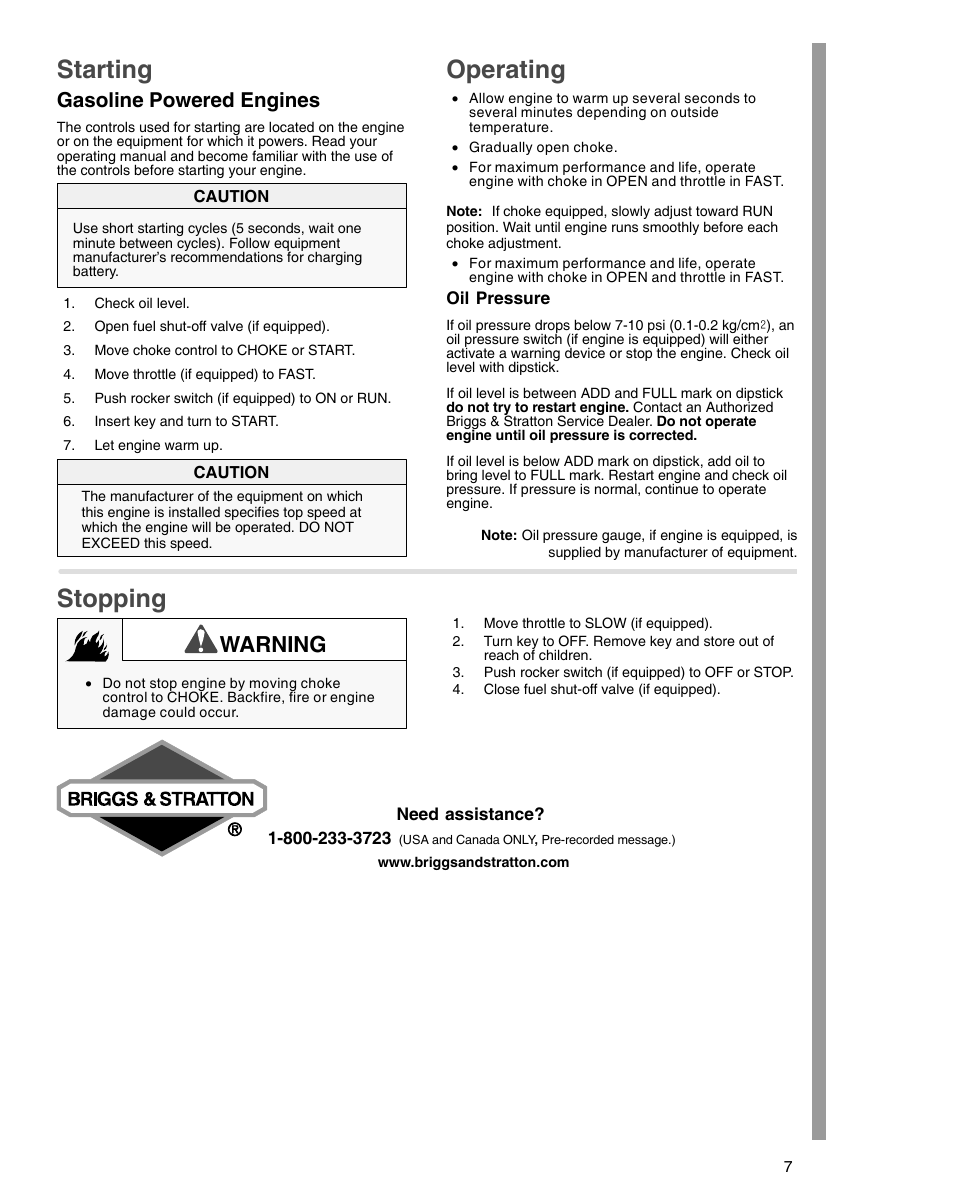 Starting, Operating, Stopping | Warning, Gasoline powered engines | Briggs & Stratton 54000 User Manual | Page 7 / 20