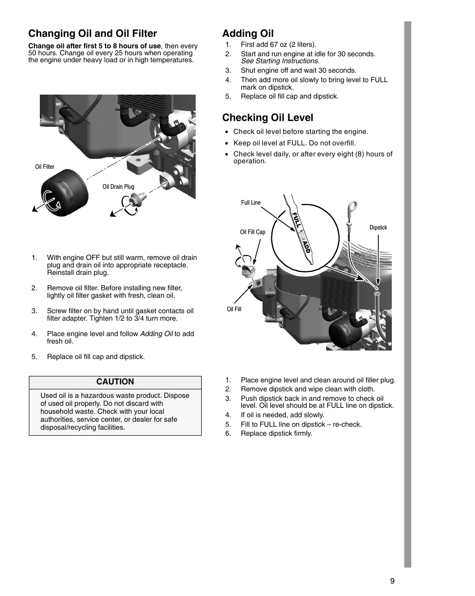 Changing oil and oil filter, Adding oil, Checking oil level | Briggs & Stratton 54000 User Manual | Page 9 / 20